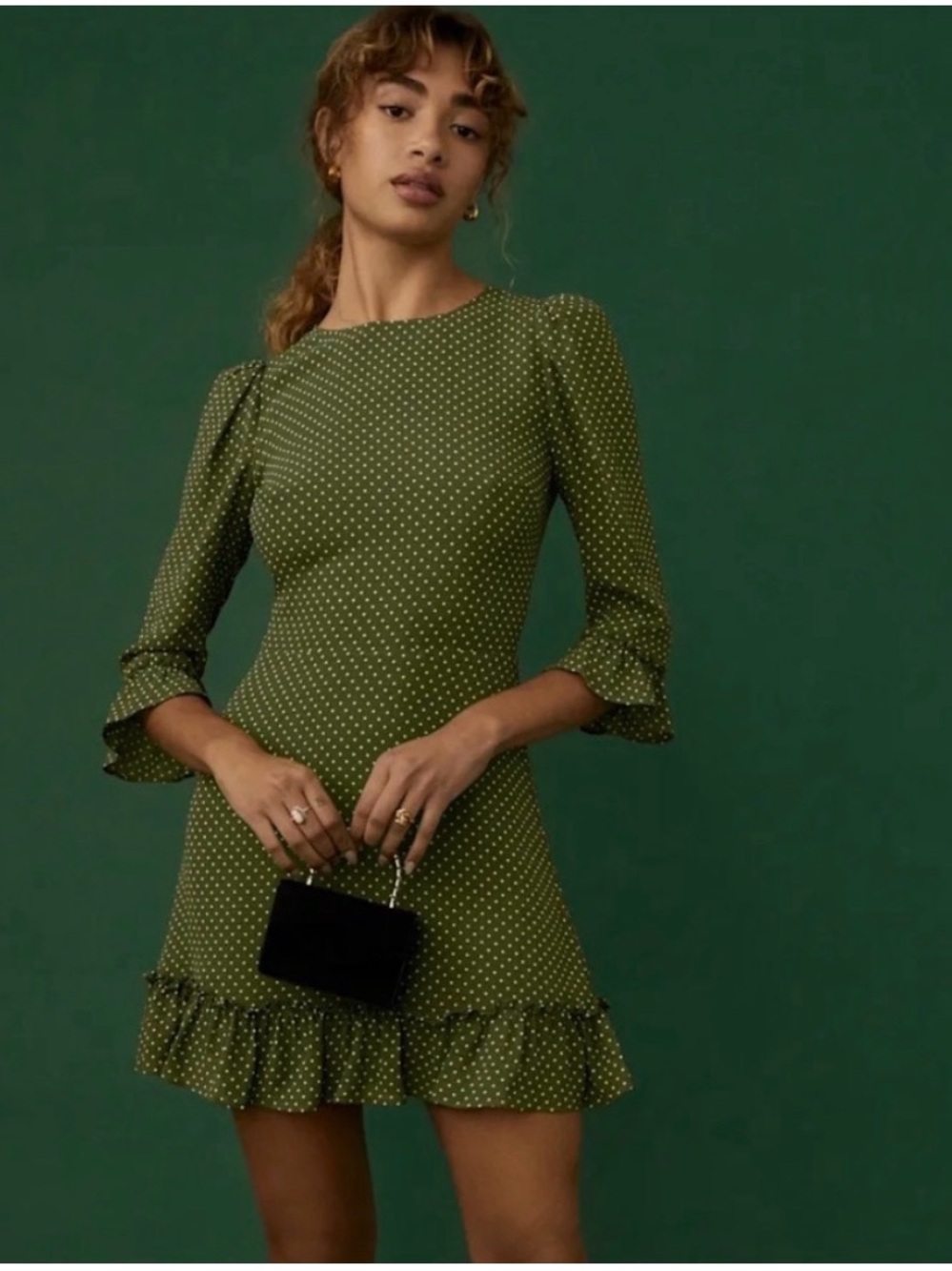 Reformation Green Polka Dot Ruffle Mini Dress